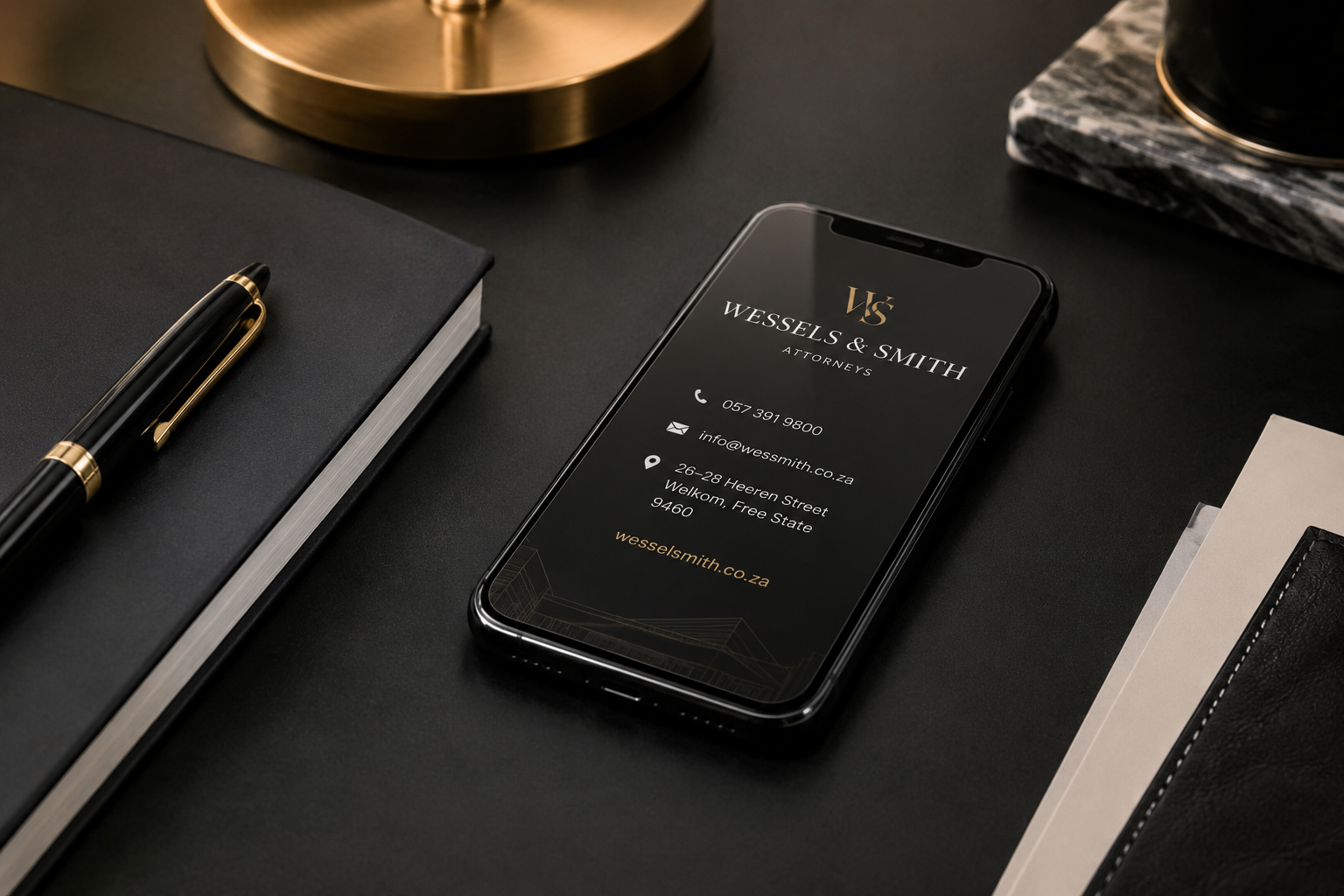 Elegant office desk with legal branding
