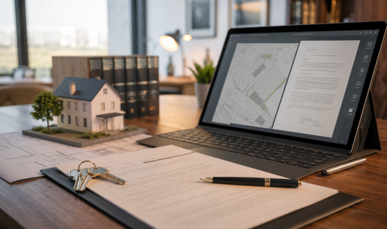 Architectural workspace with digital plans