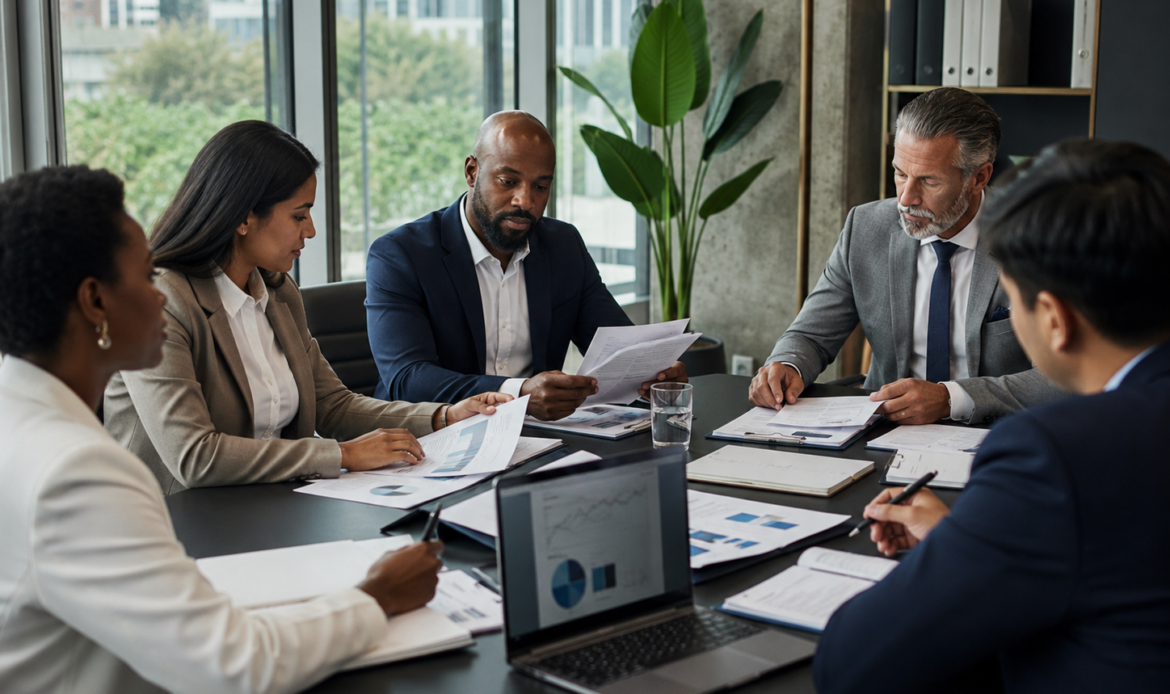 Focused discussion in a modern boardroom