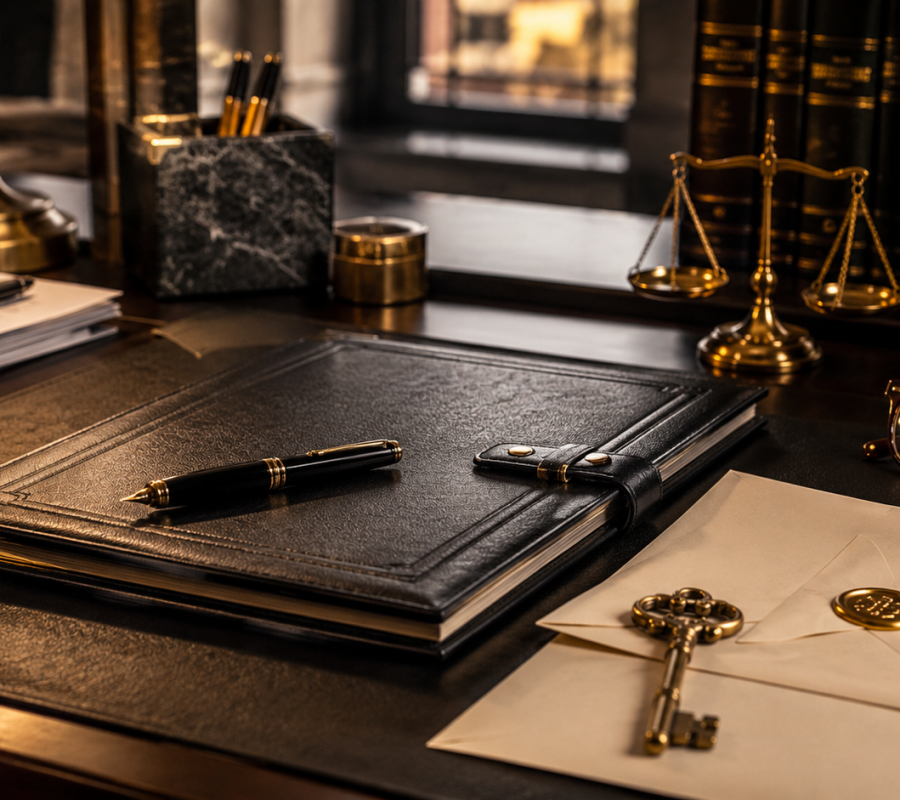 Desk with files and key