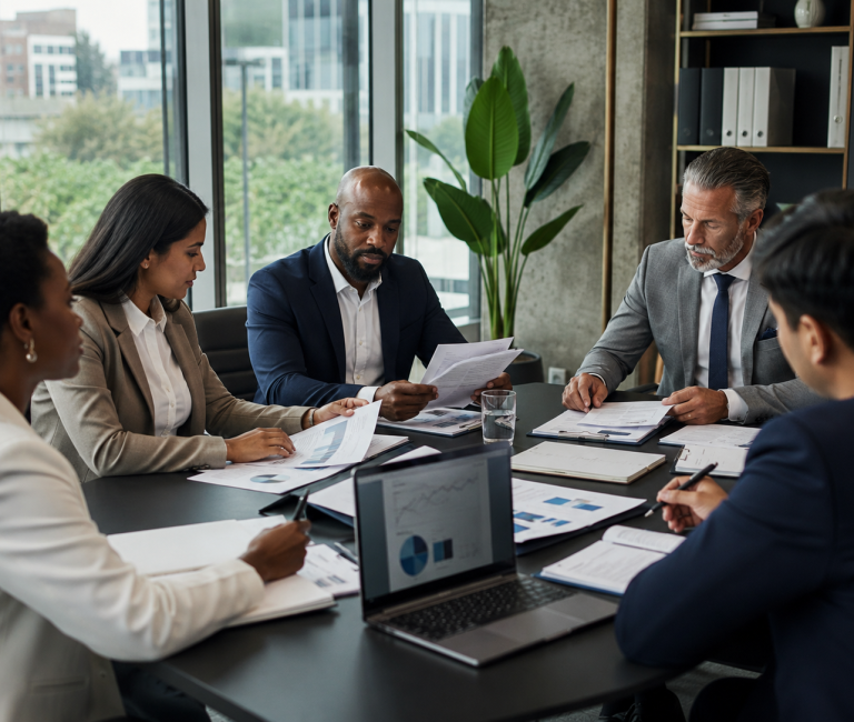 Focused discussion in a modern boardroom